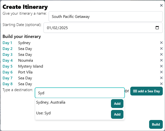 Add days and destinations to your itinerary