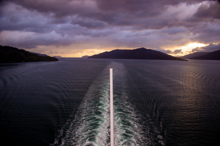 Sailing into Queen Charlotte Sound at dawn - click to enlarge