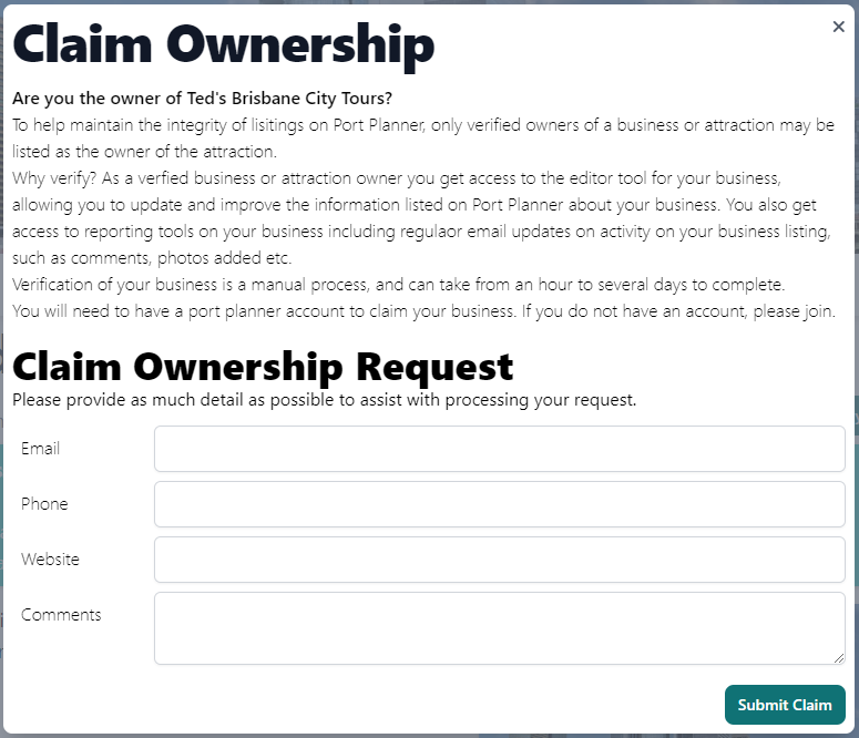 Screenshot of 'claim ownership' form